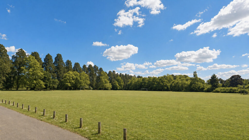 Open green field at Heatherside under a bright blue sky